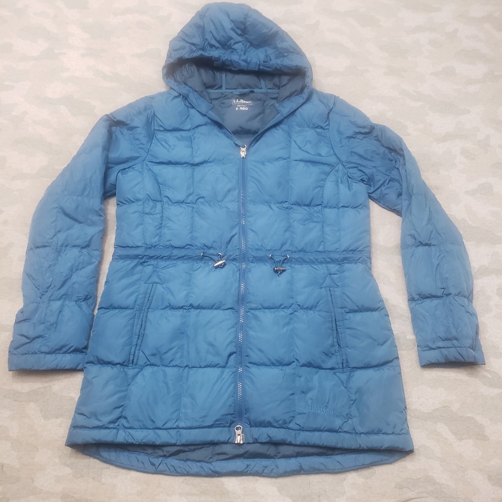 L.L. Bean Down Puffer Coat Jacket Womens Small Blue Hooded Full Zip Outdoors